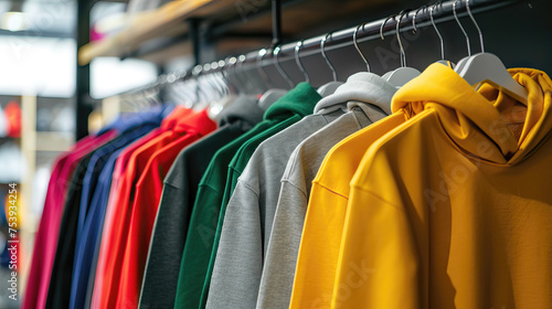 Row of different colorful youth cashmere hoodies, sweatshirts and on a clothes rack. Mock up advertising merch - AI Generated