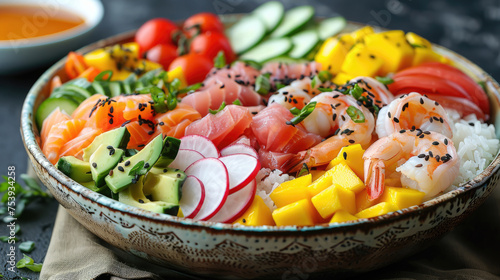 Hawaiian poke bowls on the table with shrimps or prawns, seafood, salad, cucumbers tomatoes rice, fish with sauce.