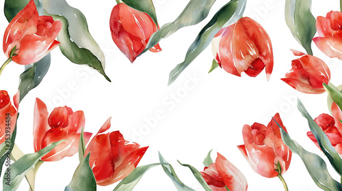 Frame of watercolor elegant bright tulips flowers - AI Generated