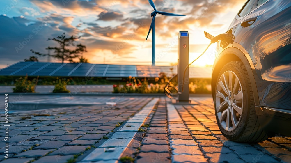Electric vehicle (EV) parked next to charging station with solar panels ...