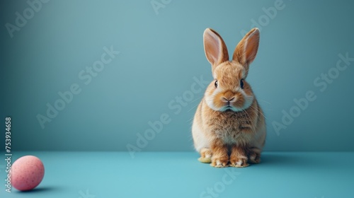 Cute Easter bunny isolated on blue background. Cute, adorable, fluffy. Easter holiday, bunny concept. Pastel color tones.