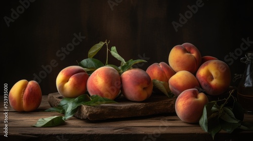 Peaches in a plate on the table. Still life. AI generative.