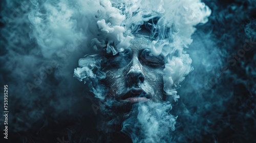 mental health awareness , a man in depression with smoke background, Self care, love, acceptance concept.Mental health issue, feeling of frustrated, anxiety, 13 may,  photo