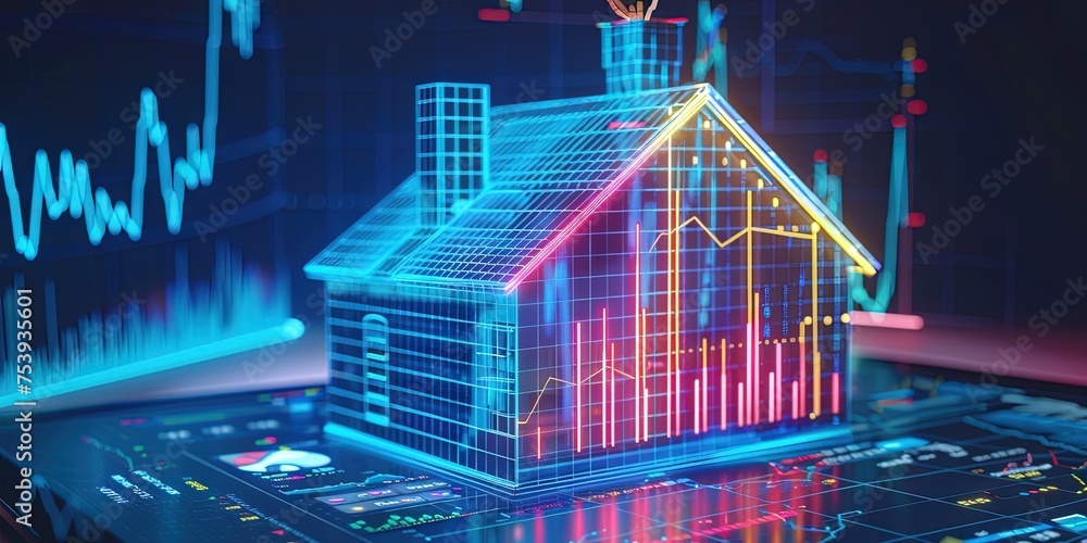 Wireframe house hologram on smartphone screen, augmented reality and real estate concept for mortgages, insurance, and foreclosures - obrazy, fototapety, plakaty 