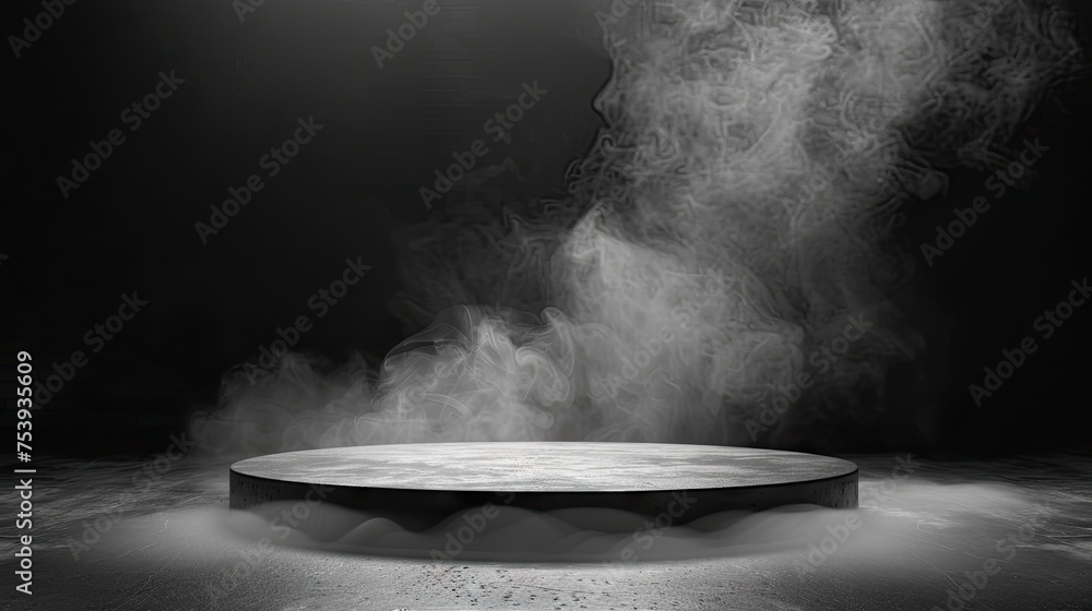 Podium Black Dark Smoke Background Product Platform Abstract Stage Texture Fog Spotlight. Dark Black Floor Podium Dramatic Empty Night Room Table Concrete Wall Scene Place Display Studio Smoky Dust