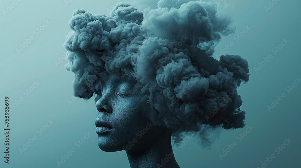 mental health awareness , woman sculpture with cloud smoke on its head , heavy burden, Self care, love, acceptance concept.Mental health issue, feeling of frustrated, anxiety, 13 may, 