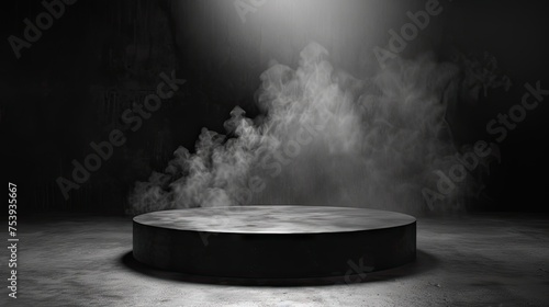 Podium Black Dark Smoke Background Product Platform Abstract Stage Texture Fog Spotlight. Dark Black Floor Podium Dramatic Empty Night Room Table Concrete Wall Scene Place Display Studio Smoky Dust