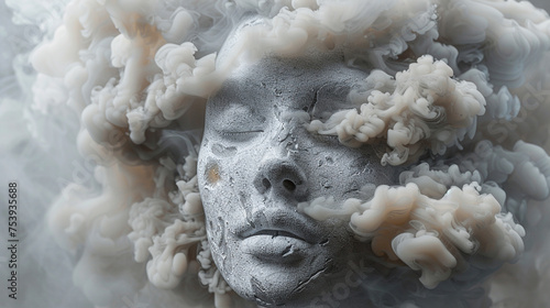 mental health awareness , Self care, love, acceptance concept.Mental health issue, feeling of frustrated, anxiety, 13 may, woman sculpture with cloud smoke on its head , heavy burden 