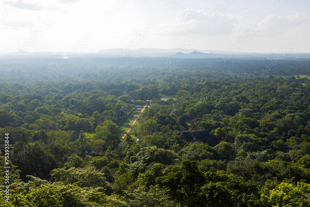Views looking over the gardens from the top of Sigiriya rock fortress, in the Dambulla in the Central Province, Sri Lanka