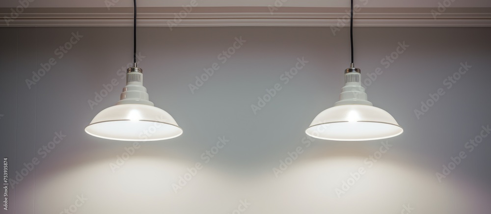 A close-up view of two modern, sleek lights mounted on a white wall. The lights emit a soft glow, providing illumination to the surrounding area. A close-up view of two modern, sleek lights mounted on a white wall. The lights emit a soft glow, providing illumination to the surrounding area.