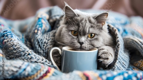 Comfy grey cat in covered with wool clothes drinking a hot beverage cup in cosy home , winter ambiance background