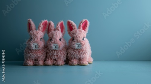Cute stuffed Easter bunny toys isolated on blue background. Cute, adorable, fluffy. Easter holiday, bunny. Pastel color tones.