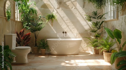 Interior of light bathroom with ceramic toilet bowl and houseplants