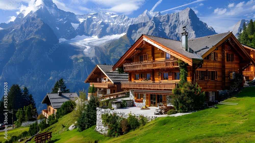 Swiss chalet nestled in the Alps, capturing the charm of Alpine architecture. Wooden house with steeply pitched roofs and mountains in background