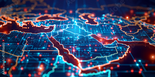 Digital map of Saudi Arabia, concept of Middle East global network and connectivity, high speed data transfer and cyber technology, information exchange and telecommunication