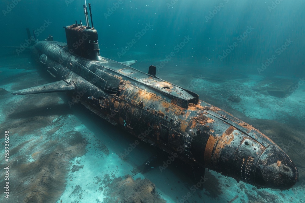 A large, rusted submarine is sitting on the ocean floor A large, rusted submarine is sitting on the ocean floor