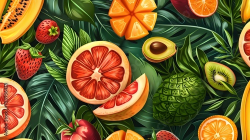Tropical fruit and leaves seamless pattern