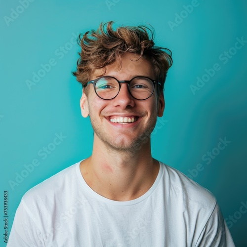 Portrait Of Young Smiling Man Wearing Glasses Isolated On Turquoise Background With Space For Inscriptions Or Text