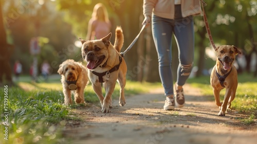 Professional Dog Walkers. Dog Walking Business, Services. Professional Dog Walker, Pet Sitter Walking With Different Breed And Rescue Dogs On Leash At City Park photo
