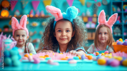 cute kids in bunny ears preparing to Easter in school or kindergarten