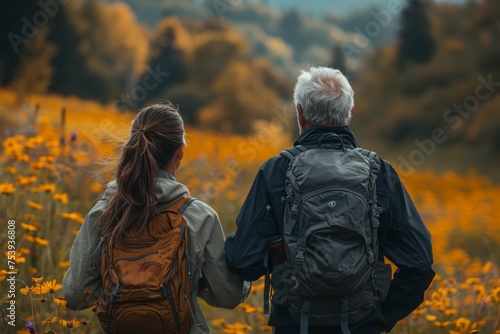 A man and a woman are walking in a field with a backpack on each of them © top images