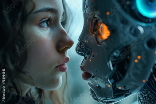 A girl is looking at a robot with a sad expression