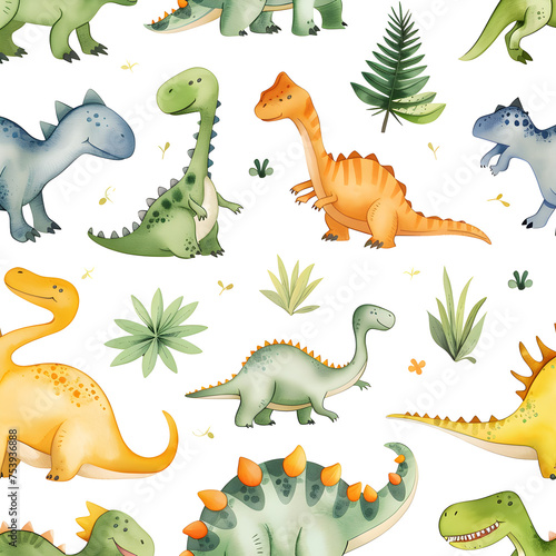 Charming Dinosaur Pattern: Playful Watercolor Dinosaurs and Foliage - Seamless Background for Kids' Decor and Apparel © Khemjira