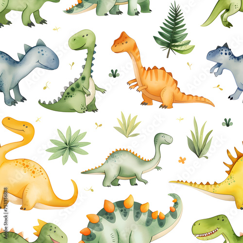 Charming Dinosaur Pattern  Playful Watercolor Dinosaurs and Foliage - Seamless Background for Kids  Decor and Apparel