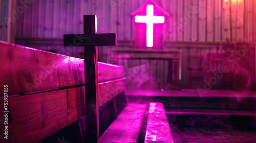 Purple Light Wooden Cross On Empty Pew For Ash Wednesday. Ash Cross On An Empty Pew, Symbolizing Ash Wednesday, Simple Wooden Church Interior, Somber And Introspective Mood