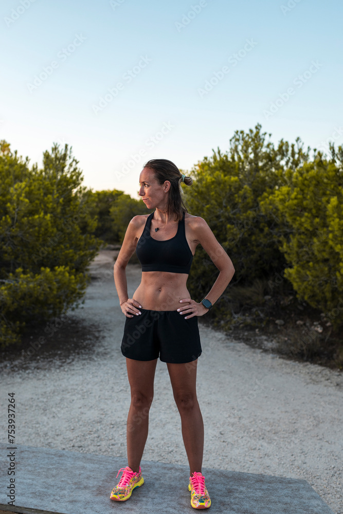 Mindful woman after running workout Mindful woman after running workout