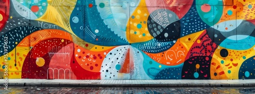 Abstract urban mural with a dynamic mix of shapes and patterns, showcasing a spectrum of colors against a cityscape backdrop.