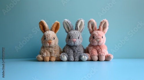 Cute stuffed Easter bunny toys isolated on blue background. Cute, adorable, fluffy. Easter holiday, bunny. Pastel color tones.