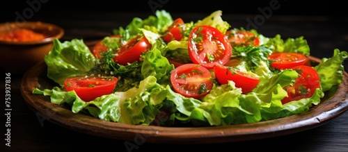 A wooden bowl is filled with vibrant green lettuce leaves and juicy red tomatoes  creating a refreshing burst of colors and flavors.