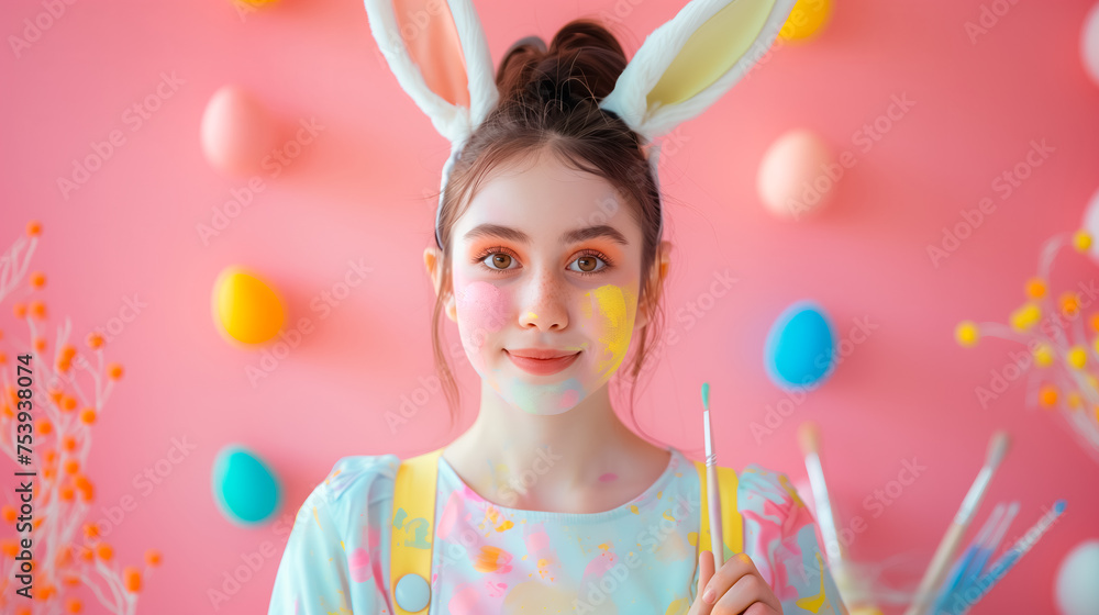 cute young girl in bunny ears with Easter eggs on Easter background, Easter holiday card