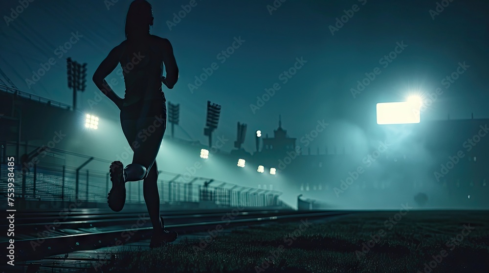 Silhouette Of A Female Athlete Running At The Stadium At Night