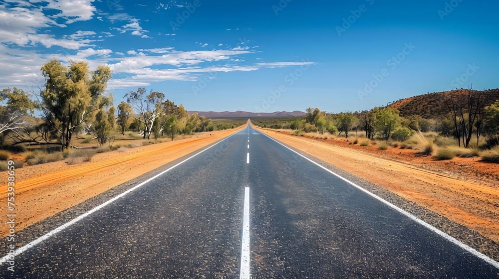 Straight road with white lines in middle of outback red centre Australia