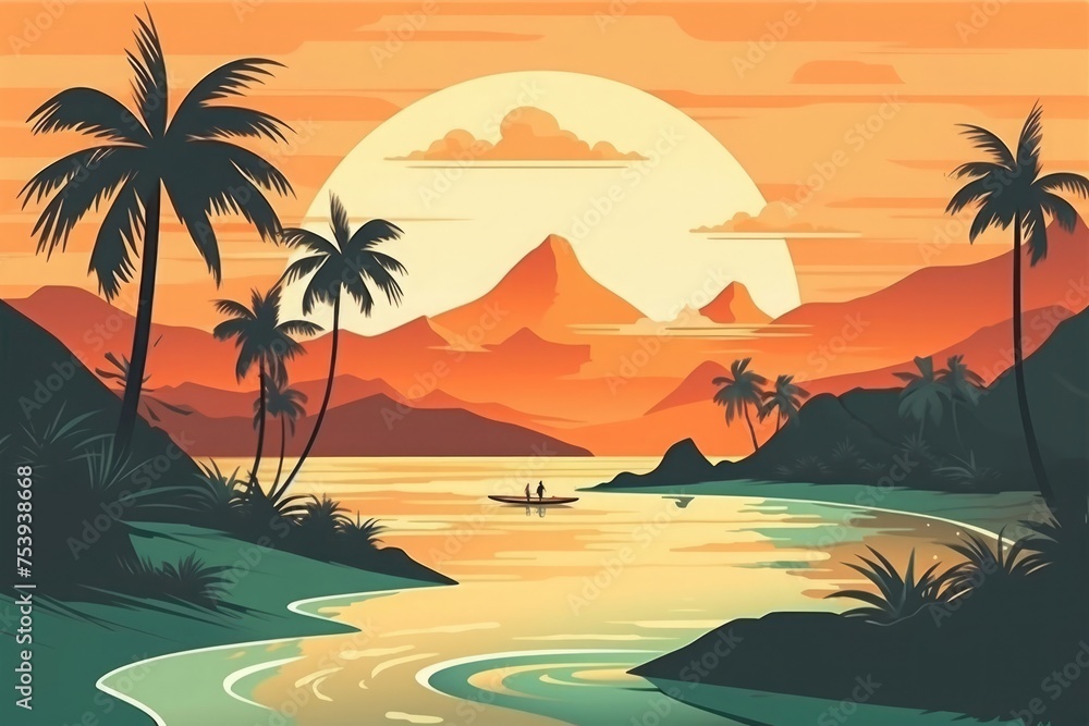 Lush palms frame a tranquil lagoon as the sun sets, casting a golden glow over an idyllic tropical scene
