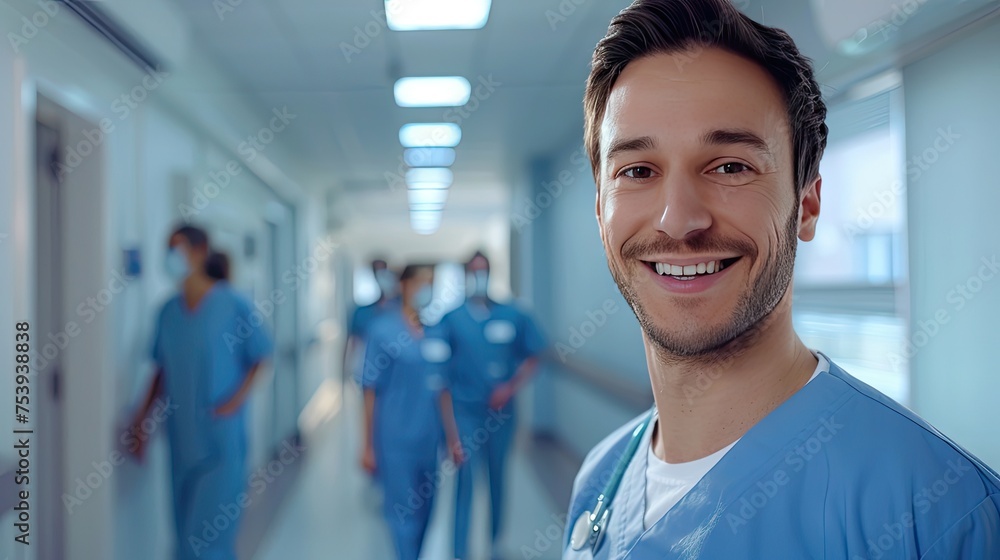 Smiling Male Nurse With Colleagues In Hospital Corridor