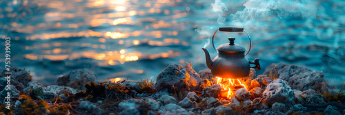  Camping background with kettle brewed on a fire,
Steam rising from a teapot on a campfire #753939003