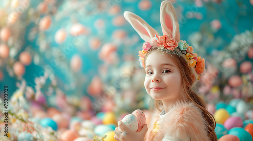 cute little girl in bunny ears with Easter eggs on Easter background, Easter holiday card