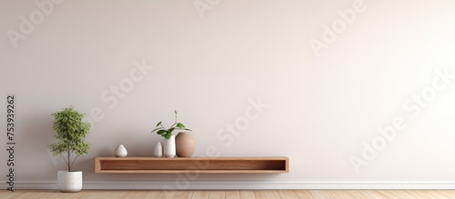 A minimal white room with a wooden shelf holding a potted plant. The room is simple and clean  with a focus on the wooden shelf and green plant bringing life to the space.
