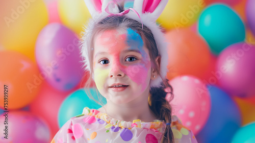 cute little girl in bunny ears with Easter eggs on Easter background, Easter holiday card