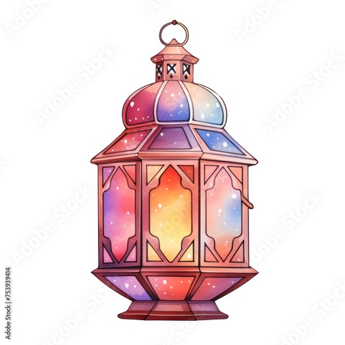 watercolor illustration, colorful lantern with blue and pink dome, isolated on white background, clip art