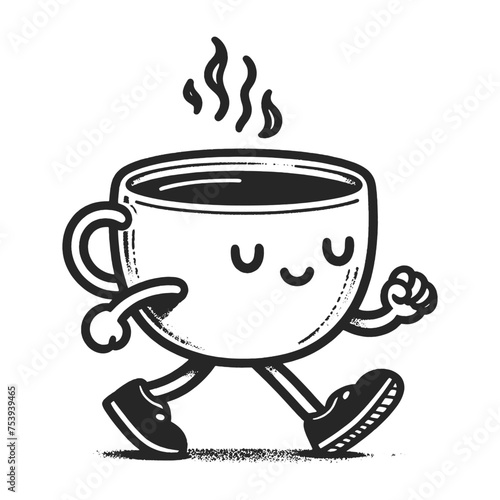 cartoon playful cute coffee cup character smiling face, walking on his feet sketch engraving generative ai vector illustration. Scratch board imitation. Black and white image.