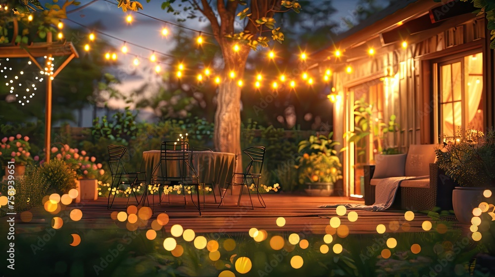 Obraz premium Summer Evening On The Patio Of Beautiful Suburban House With Lights In The Garden Garden, 