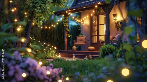 Summer Evening On The Patio Of Beautiful Suburban House With Lights In The Garden 