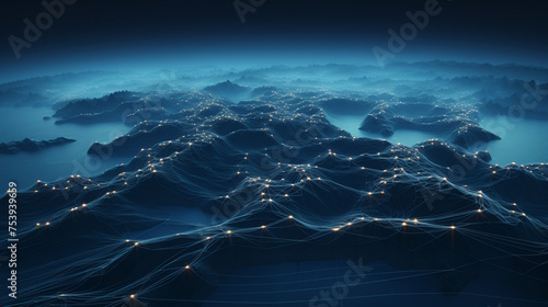 Digital hills with glowing points, water atmospheric areas, connection net concept wallpapers