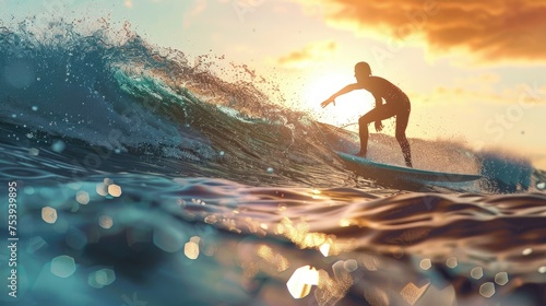 Surfer Practicing Surfing On Wavy Sea With Splashing Water © Asad