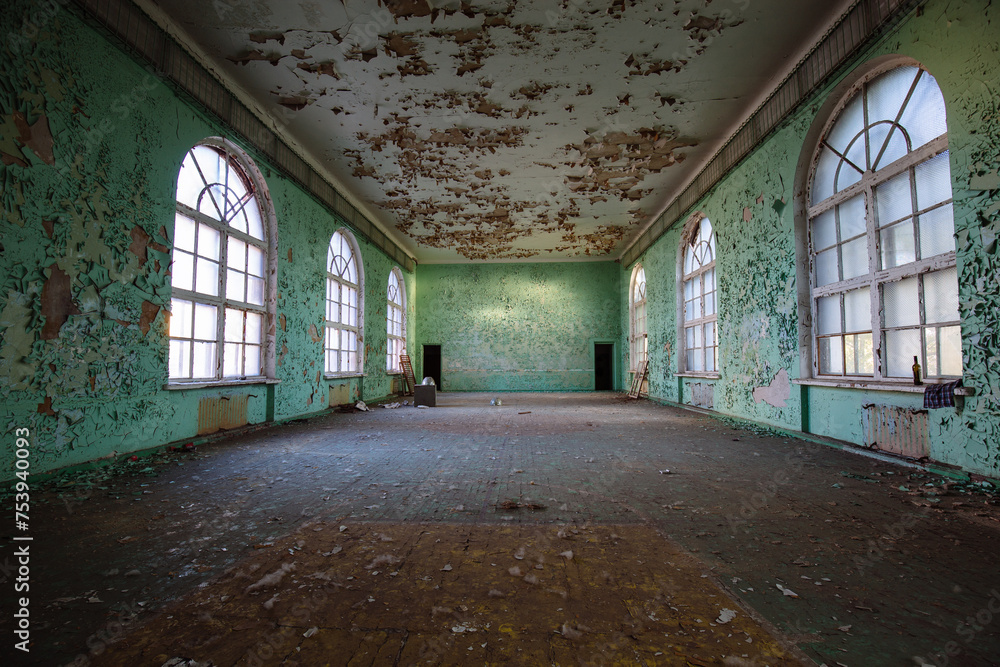 Large hall of abandoned building with peeled paint Large hall of abandoned building with peeled paint