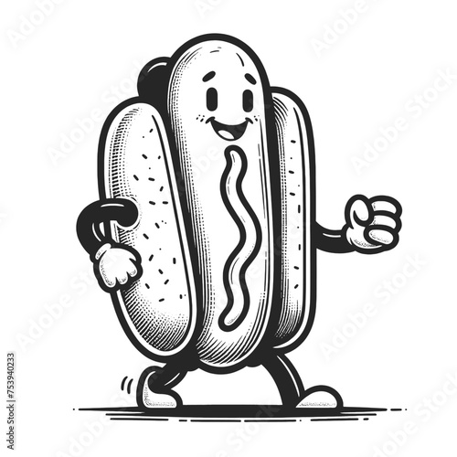 hot dog character happily walking engraving style sketch engraving generative ai vector illustration. Scratch board imitation. Black and white image.